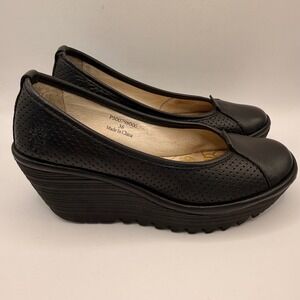 Fly London Yuzi798fly Pump Black Perforated Leather Wedge Women Size 38